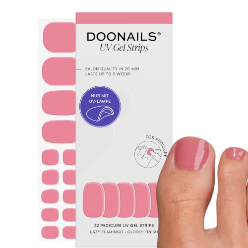 Doonails Lazy Flamingo Pediküre Gel Folien 32 UV Gel Strips in 16 Größen auch für breite & kleine Nägel Nagelfolien selbstklebend & UV härtend Nagelaufkleber bis zu 14 Tagen Halt