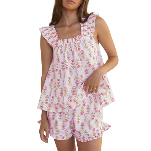Image of ROAONOCOMO Women Floral Pajama Set Ruffle Babydoll Cami Top Coquette Pj Set Gingham 2 Piece Shorts Outfit Bridal Loungewear