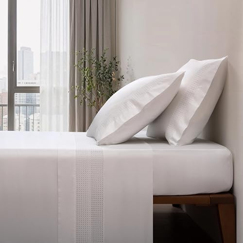 Casa da Laura - (800 Hilos Juego de Sábanas 100% Algodón Satén Blanco Bordado – Bliss - 800 Hilos - 100% Algodón Satinado - Cama 135/140 2 Almohadas 50 x 75 cm - Fabricado Portugal