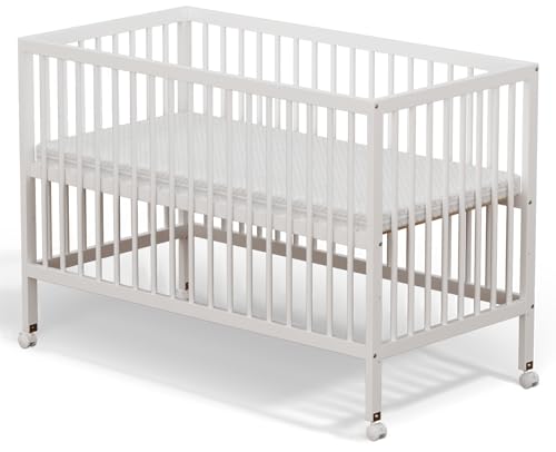 White Wooden Baby Cot Bed With 4cm MattressBaby Crib With WheelConvertible CotBaby Crib3 Adjustable Bed Base Positions (120x60Including Mattress) (120x60 WhiteIncluding Mattress)
