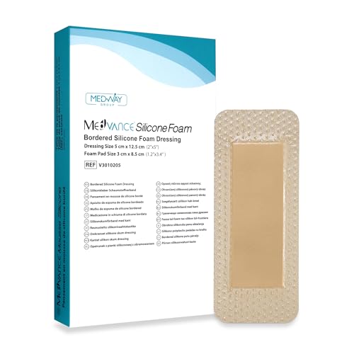 MedVanceTM Silicona - Apósito de espuma adhesiva de silicona con borde Tamaño 5 cm x 12.5 cm (almohadilla de 3 cm x 8.5 cm), caja de 5 apósitos