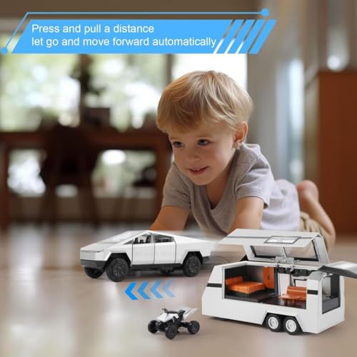 Image of 1:32 Scale Die-Cast Tesla CyberTruck with Pick-Up Trailer with 6 Openable Doors Pull Back Toy Car with Lights & MusicToy Car Gift for Kids (1:32 Cybertruck Trailer - Silver)