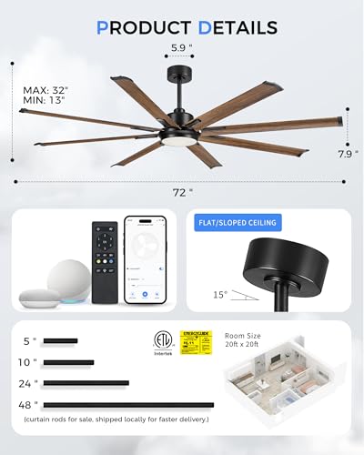 Image of 72 Inch Ceiling Fan with Light, Industrial Design with 8 Aluminum Blades, Smart Control Compatible with Alexa, Indoor Outdoor Garage Fan for Living Room Patio, Model ZCCF04WD-72