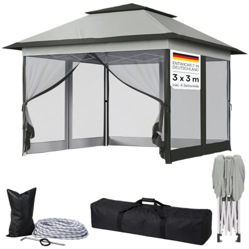 STEELSØN Xanaris Pavillon 3x3m – Faltpavillon wasserdicht mit 4 Seitenwänden in grau – Pop-up Gartenpavillon stabil, Winterfest, höhenverstellbar – Partyzelt klappbar mit UV-Schutz 50+ & Tragetasche