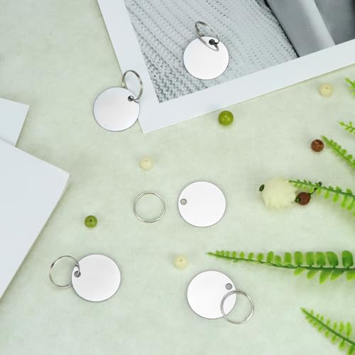 QWORK 100pcs Metal Stamping Blanks Stainless Steel Blank Tags with Key Rings, 1.18" Round Engraving Discs, Polished Metal Dog Tags with Hole by QWORK - Image 8