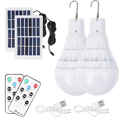 WUYOR Solar Powered Shed Light Led Bulb 2 Pcs, Lantern Lamp with Remote Control Lamp Indoor Outdoor Garden with Solar Panel, Dimmable Rechargeable for Camping Fishing Lighting