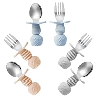 PandaEar 6 Stück Kinderbesteck| Silikongriff Edelstahl Kindergeschirr Set | Baby Besteck Esslernbesteck ab 1 jahr | Kinder Löffel und Gabel Set für Baby| BPA frei Lernbesteck (Blau/Grau/Pfirsich)
