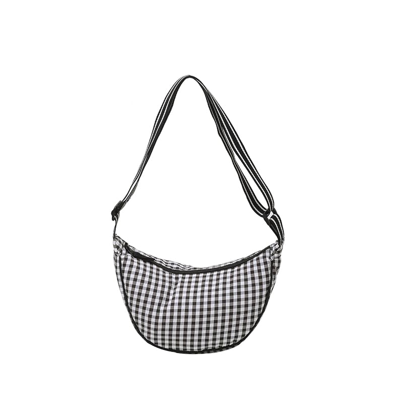Checkered Nylon Crossbody Bags Crescent Bag Plaid Lightweight Sling Moon Purse for Women