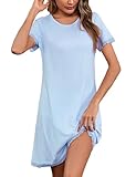 Litherday Camisón Mujer Algodón Verano Manga Corta con Encaje Suave y Transpirable Camisa de Dormir Cómoda Ropa de Casa Vestido Dormir Mujer Azul Claro L
