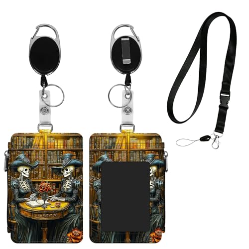 Dikoer Retractable Lanyard with ID Holder Badges Front Pocket Wallets Money Organizers, Heavy Duty Cute Carabiner Keychain for Work Pass Cards Key Nurses Women Men Office Use, Library Books Skull