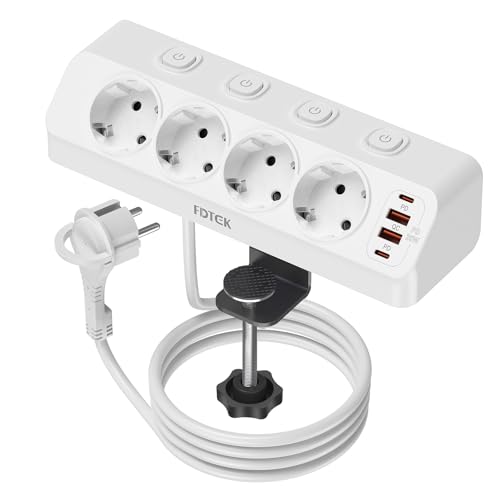 Regleta Enchufe con Proteccion Sobretension, FDTEK Enchufe de Mesa con USB C Carga Rápida PD20W, Ladron Enchufe con Cuatro Interruptores Independientes, Regleta con Dispositivo de Sujecióncon, Blanco