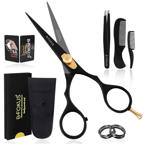 5.5” Professional Mustache & Beard Scissors Kit, Durable Stainless Steel Grooming Scissors for Precise Facial Hair Trimming, Includes Mustache Comb, Beard Comb, Tweezers, and Pouch (Black)
