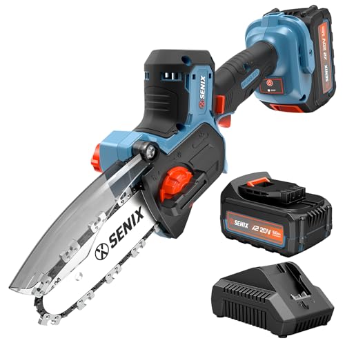 SENIX 20V 5" Mini Electric Chainsaw, Cordless Battery Powered Chainsaw, Brushless Small Handheld Portable Chain Saw, Includes 5Ah Battery & Charger, Gift for Men Dad Husband Fathers Gardener