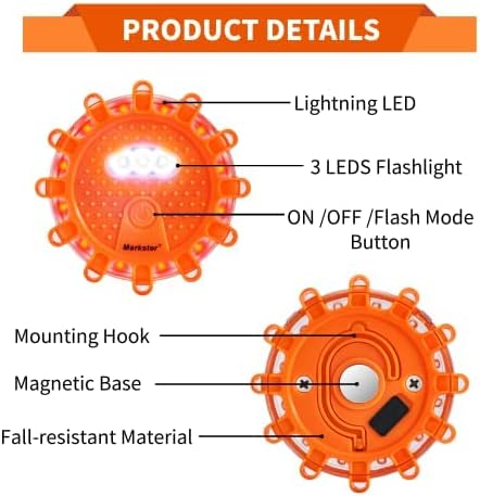 Miniatura 3 de Markstor Paquete de 6 luces LED para carretera de emergencia para automóvil, paquete de 6 llamaradas de carretera, luz de seguridad vial, recargable