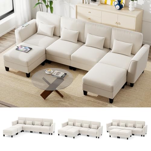 COSTWAY 280 cm Ecksofa mit 2 Ottomane & 4 Kissen, Modulares Sofa mit Schlaffunktion, U-Form Eckcouch mit USB- & Type-C-Ladeanschlüssen, 4-Sitzer Couch für Wohnzimmer, Schlafzimmer, Wohnung (Beige)