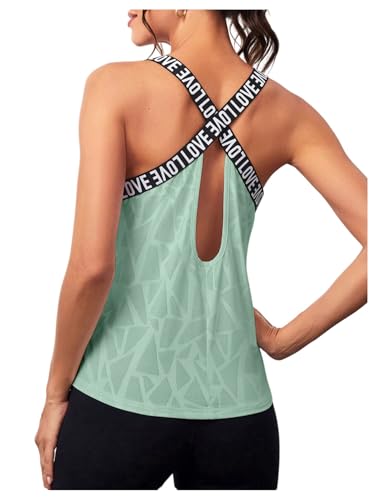 OYOANGLE Women's Letter Tape Criss Cross Cut Out Workout Tank Tops Gym Sleeveless Shirts Activewear