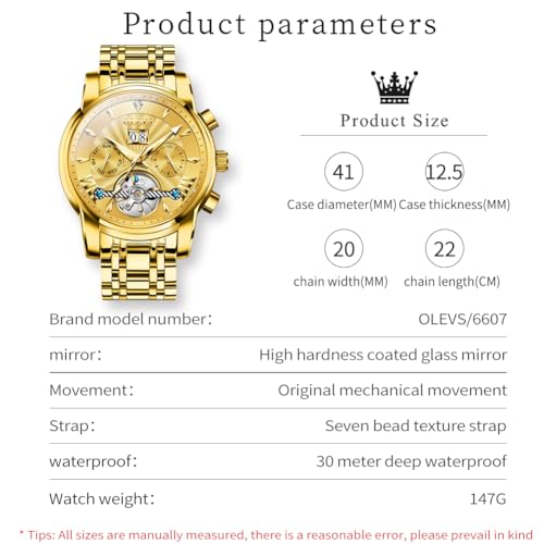 Image of OLEVS Watches for Men Automatic Skeleton 5 Hands Mechanical Luxury Watch Classic Calendar Stainless Steel Waterproof Mens Wrist Watch