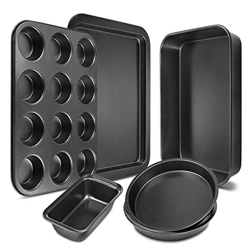 Bakeware Set 6-Pieces Carbon Steel Nonstick Baking Pans Oven Baking Set with Cookie Sheet, 12-Cup Muffin Pan, Loaf Pan, 2 Round Cake Pans, Roasting Pan, Kitchen Baking Tools