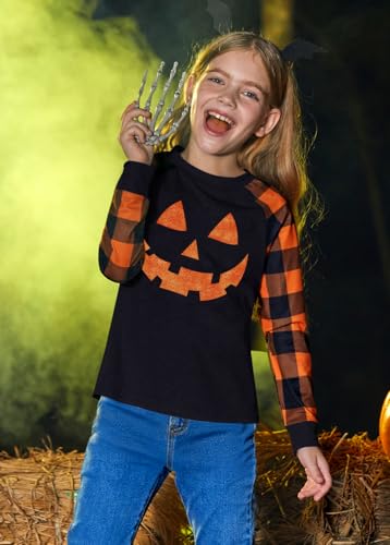 Image of BesserBay Girls Halloween Funny Plaid Graphic Shirt Long Sleeve Spooky Patchwork Raglan Top 5-14 Years