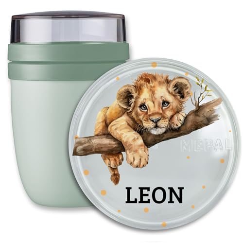 Lunchpot Kinder Müslibecher to go Joghurtbecher für Mepal Ellipse - Einschulung Geschenk Baby Löwe mit Name personalisiert I Löwe Geschenk I Löwengeschenke Schulkind - 300 ml - Sage Grün