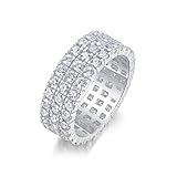 Moissanite Anillo para mujer, alianzas de boda para mujer, 9 mm, anillo ancho con 3 filas, moissanite redondo, 2 mm, 9 K/14 K/18 K, oro blanco / Pt950 platino plata, 45 (14.3), Platino, Moissanita