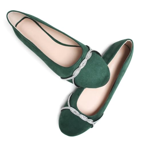 TN TANGNEST Womens Ballet Flats Fashion Chain Round Toe Ballet Shoes Rhinestone Flats Comfort Slip On Flat Shoes Green 42(9)
