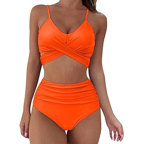 Bikini Damen Bauchweg Bikini Oberteil Sportlich Bikini Damen Push Up Bikini Set Damen Push Up Bademode Damen Bauchweg Bikini FüR Mollige (Z0001-Orange, S) Cover