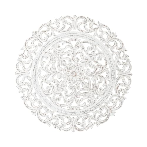 Image of JFY Designs Iris Hand Carved Wood Medallion Wall Panels Bedroom Decor | Wall Mount Floral Sculpture Wall Art for Living Room, Bedroom Set, White Distressed Finish, Round 36 x 36 inch