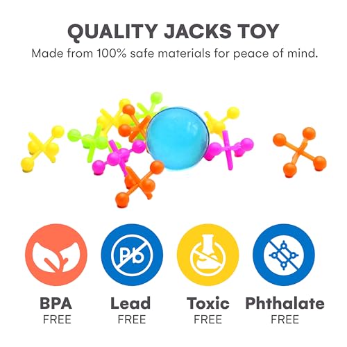 Kicko Plastic Jacks Set Jacks Game - Assorted Neon Colors - Pack of 16-10 Jacks and 1 Ball Per Pack, Jacks and Balls are 1 Inch, Classic Game Set - for Kids, Party Favors, Fun, Toy,