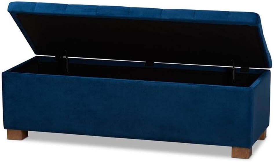 BOWERY HILL Navy Blue Velvet Upholstered Storage Ottoman Bench, 46 in Wide, Solid Rubberwood with MDF, Walnut Brown Legs, Grid-Tufted Lift-Top, Living Room or Bedroom Seating and Storage
