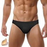 FEOYA Men Surfing Swim Briefs Drawstring Bikini Swimwear Solid Quick Dry Padded Swimsuit Athletic Training Bathing Suit Black
