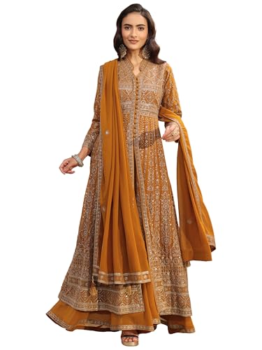 Image of Libas Art Embroidered Georgette Anarkali Kurta With Palazzos and Dupatta | ethnic wear | bridal suit | occasion wear
