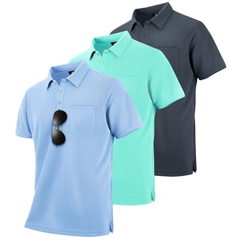 ZITY 3 Pack Polo Shirts for Men with Pocket Short Sleeve Moisture Wicking Outdoor Tactical Shirt Summer Casual Medium Grey+light Blue+emerald Blue