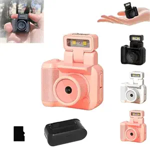 1nfzkcn Mini Keychain Camera, Tiny Nostalgic Digital Waterproof Nostalgic Camera with Flash Light, Portable Travel Miniature Pocket 1080p HD Snap Camera for Life Recording(Pink,16G Card)