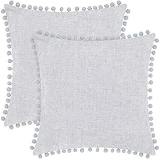 CaliTime Throw Pillow Cases Pack of 2 Cozy Solid Dyed Soft Chenille Cushion Covers with Pom Poms for Couch Sofa Home Decoration 50cm x 50cm Sage