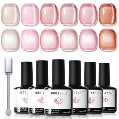 Modelones Esmaltes Semipermanentes para Uñas en Gel, 6 Colores Cat Eye magnetice Pintauñas Semipermanentes de Gel UV LED en Gel Nail Polish Esmalte Uñas para Manicura-Rosa Nude