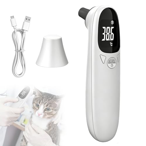 Ohrthermometer Hund, Fieberthermometer Ohr Hund mit LED-Anzeige, Digital Haustier Thermometer für Hunde und Katzen, 12,8 * 3,9 cm Tragbares Ohrthermometer für Katzen, Hunde, Kühe, Ferd(Weiß)