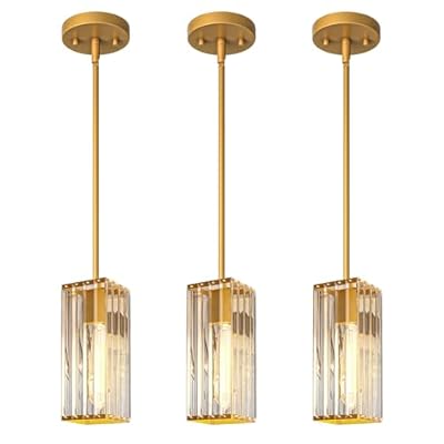 GOOUQA Crystal Pendant Lights for Kitchen Island - 10" Gold Adjustable Chandelier, Dimmable E26 Hanging Fixture, Modern Lighting for Dining Bar 3pcs