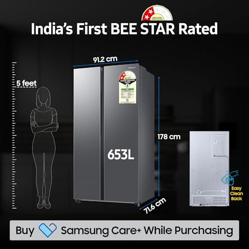 Image of Samsung 653 L, 2 Star, Frost Free, Double Door, Convertible 5-in-1 Digital Inverter, Side By Side Refrigerator (RS76CG80X0S9HL, Silver, Refined Inox)
