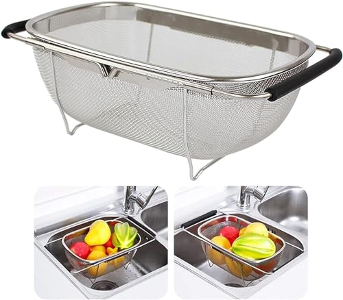 Image of Strainer Sink Basket Stainless Steel Oval Colander Rubber Grip Handle, Fine Mesh Baskets Kitchen Over The Sink Colander for Strain, Drain, Rinse Vegetables, Fruits (1 Pc, Silver)
