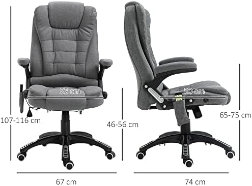 Vinsetto Massage Office Chair Recliner Ergonomic Gaming Heated Home Office Padded Linen-Feel Fabric & Swivel Base Grey