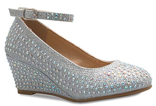 OLIVIA K Women's Ankle Strap Kitten Heel – Adorable Low Block Heel,Silver Velvet,7 B(M) US