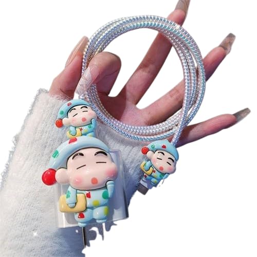 Image of Dezet for iPhone Charger 18-20W Cute Cartoon Charging Cable Protector Set for iPhone Fast Charging USB Cable with Protective Silicone Cover & Organizer Clip Stylish Design (SHINCHAIN GREEN NEW1ST)