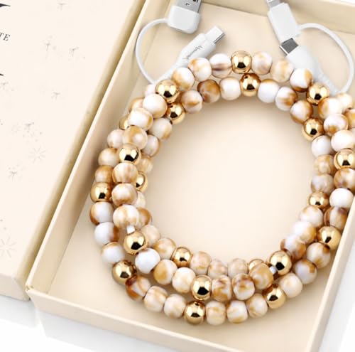Image of Stylish Beaded Phone Charger Cable Colors USB Charging Cord for Smartphones (4-1, Marble & Gold, 6.6ft)