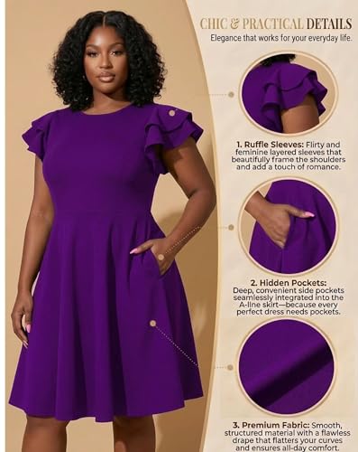 Image of IyMoo Women's Plus Size Cape Flutter Sleeve Stretchy A Line Swing Flared Skater Cocktail Party Dress with Pockets