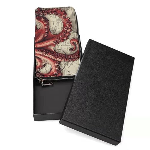 Octopus on Vintage Nautical Maps PU Leather Clutch Long Bifold Wallet, Coin Purse Credit Pass Case, Durable Card-Holder Money Storage for Women Men3