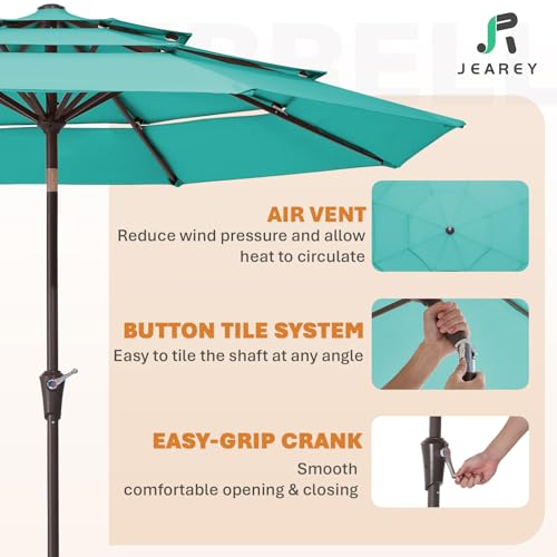 Image of JEAREY 9FT 3 Tier Patio Umbrella Outdoor Market Umbrella Table Umbrellas with 8 Ribs 1.5 Pole Push Button Tilt and Crank UV Protection for Garden,Peacock Blue