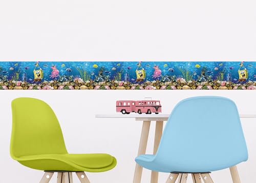 Selbstklebende Bordüre Sponge Bob AG Design, AWBD 8030 | Wasserfest Kinderzimmer Wand Aufkleber Dekoration | Wandbordüre für Mädchen und Junge | Folie, Mehrfarbig | Breite 500 cm x Höhe 13.8 cm