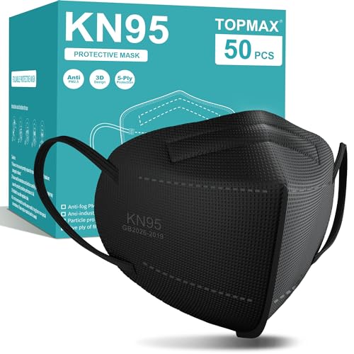 Topmax NUOK-9501 Kn95 Face Masks 50 Pack 5-Ply Breathable Filter Efficiency≥95% Protective Cup Dust Disposable Masks Against Pm2.5 Black cover