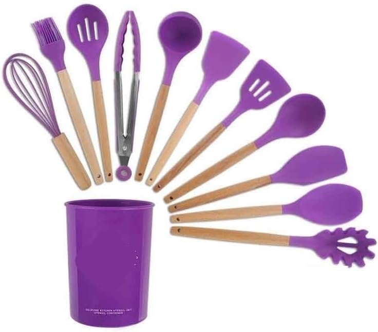11PCS Silicone Cooking Utensils Set Non-stick Spatula Shovel Wooden Handle Tools With Storage Box Kitchen